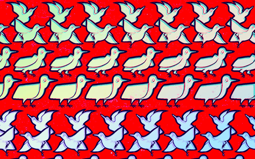 A heavily stylized drawing of birds taking flight arranged in a pattern. The background is blood red, contrasting with the blue outline of the birds.