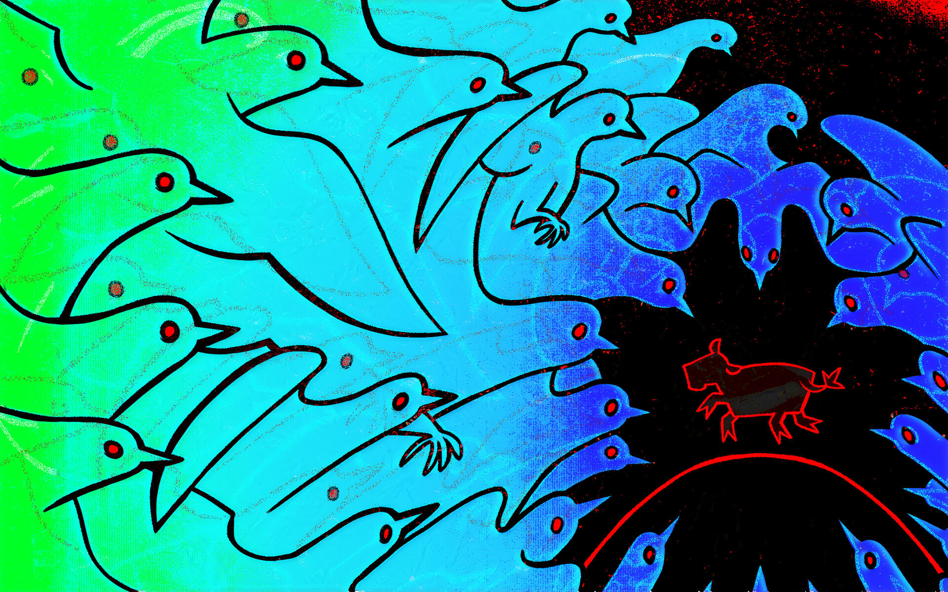 A heavily stylized drawing of a flock of birds attacking a cow. The cow is merely a silhouette with a blurred image of meat displayed inside it. The birds are colored with a green and blue gradient and have red eyes.